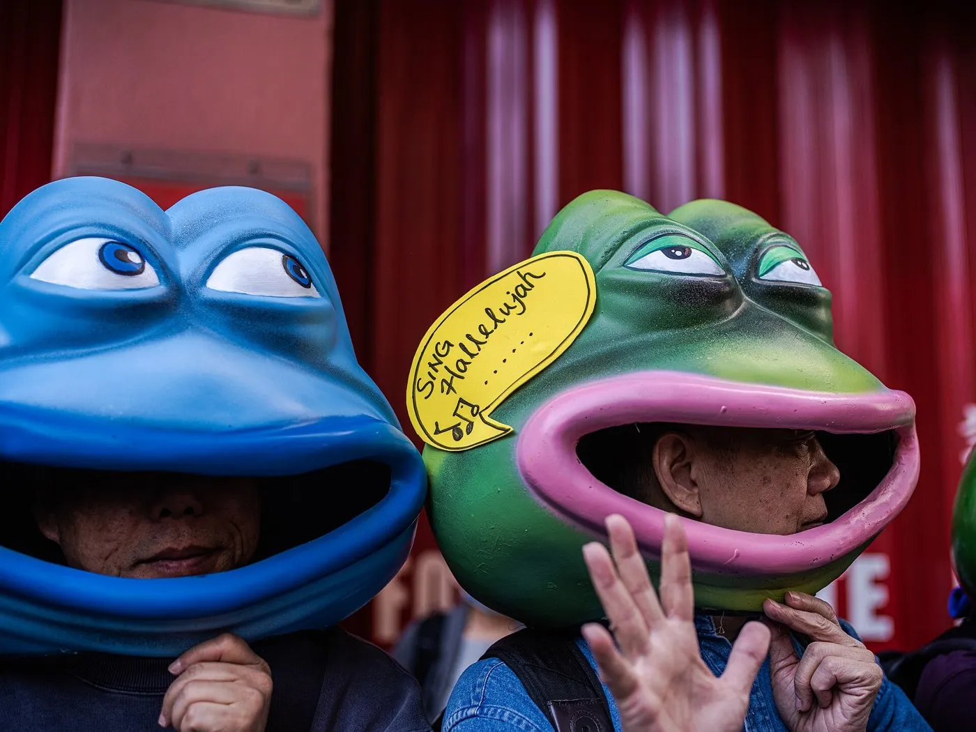 Two protesters with Pepe masks, Hong Kong, 8 December 2019